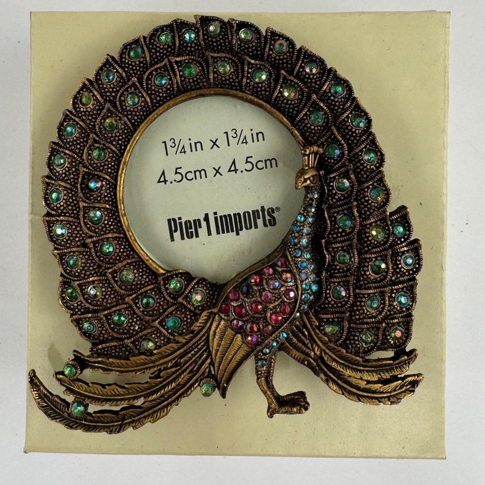 Pier 1 Imports Peacock Desk Picture Frame Rhinestone‎ Jeweled Ornate Brass Tone